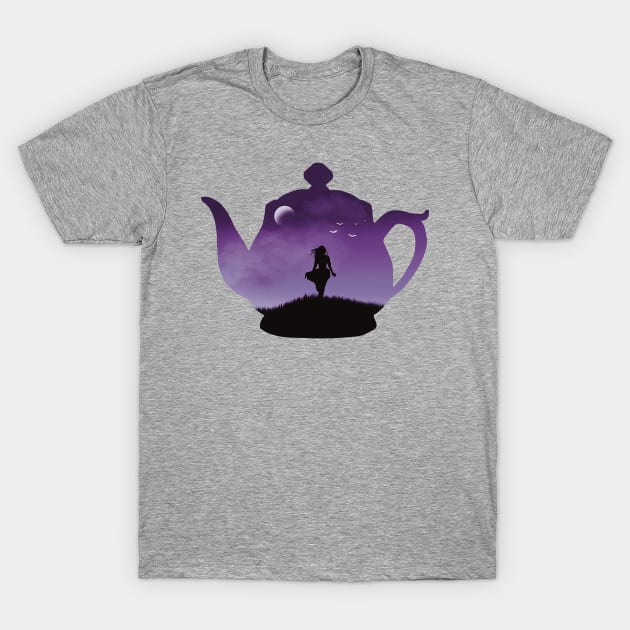 Freedom in a Cup | Tea Kettle Woman Silhouette Under The Moon | Purple T-Shirt by SkullFern